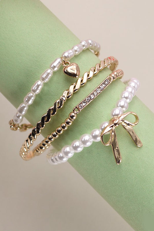 Gold Bow & Pearl Bracelet Set