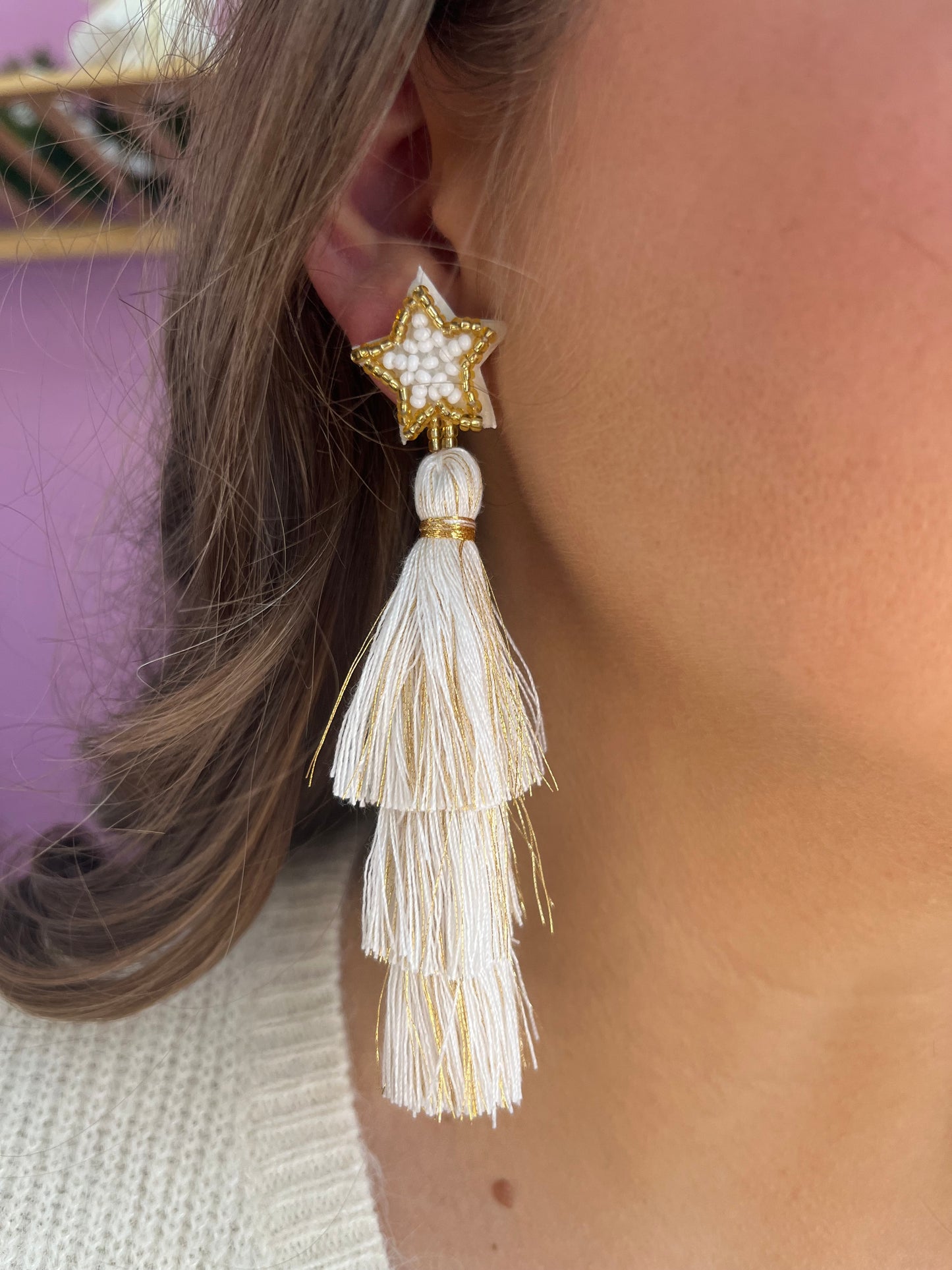 White & Gold Tassel Earrings