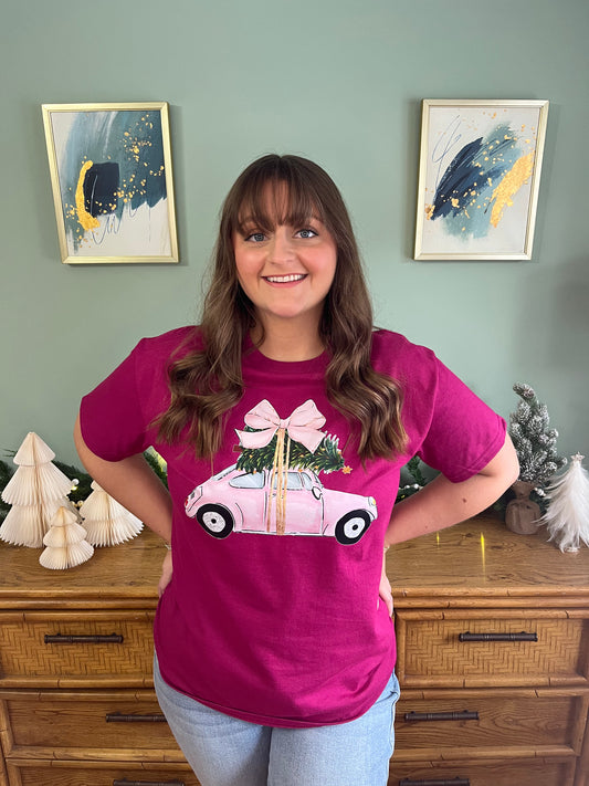 Little Pink Bug Hauling a Christmas Tree Tee