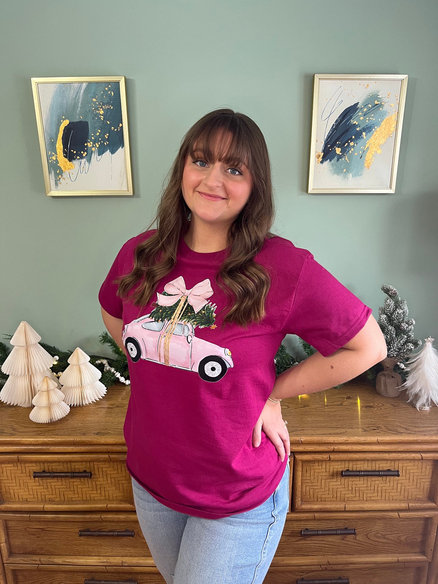 Little Pink Bug Hauling a Christmas Tree Tee