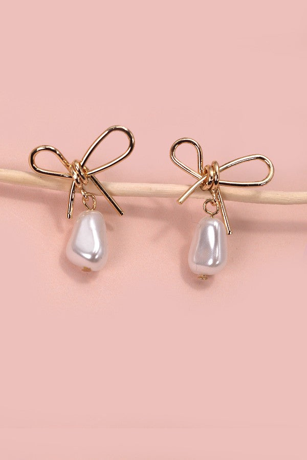 Pearl Dangle Gold Bow Earrings