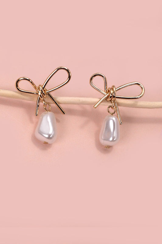 Pearl Dangle Gold Bow Earrings